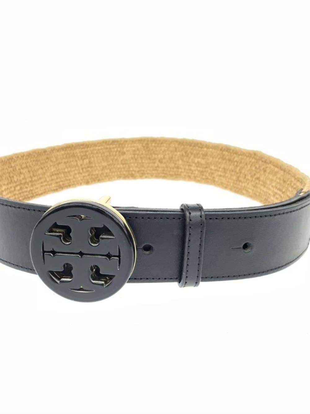Tory Burch Black Leather and Woven Straw Miller Belt, Size Large